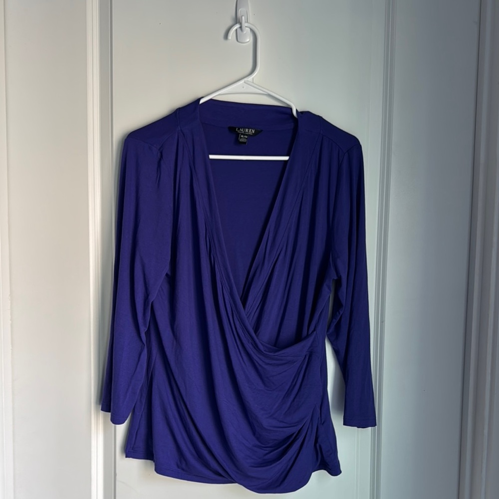 Lauren Ralph Lauren Blue Wrap Blouse 3/4 Sleeve Relaxed Fit